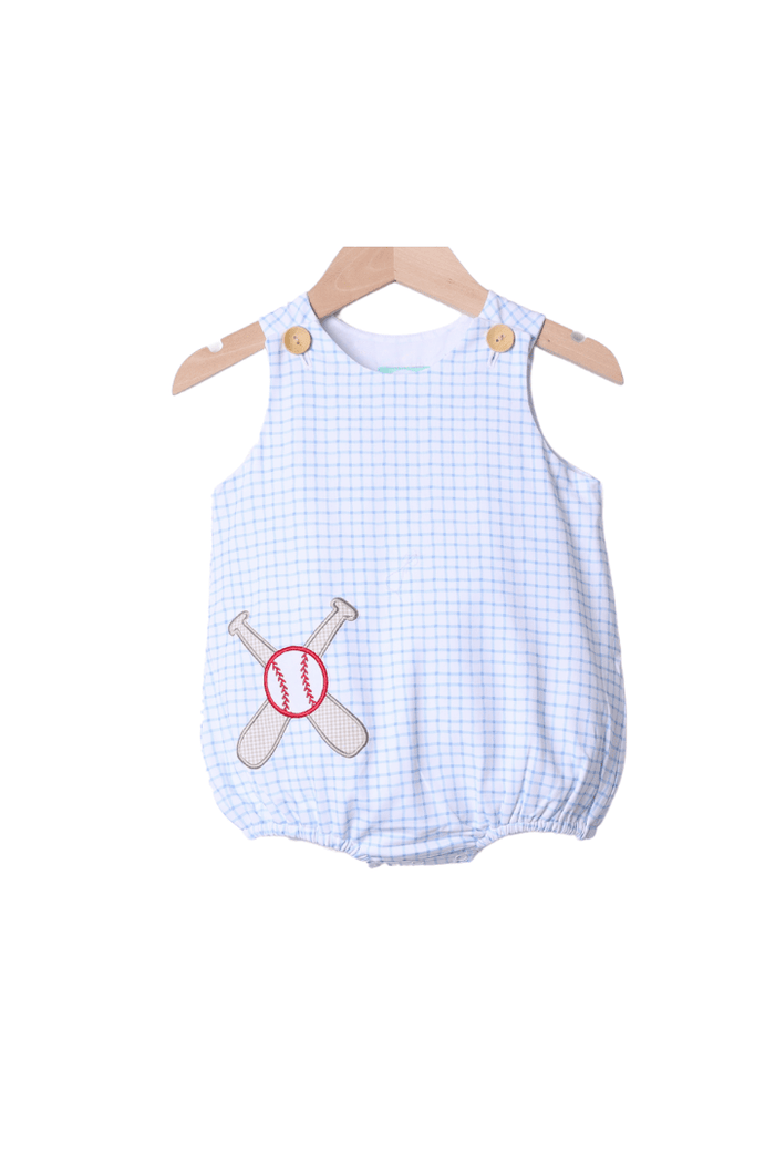 The Smocked Flamingo Baseball Applique Blue Gingham Knit Bubble