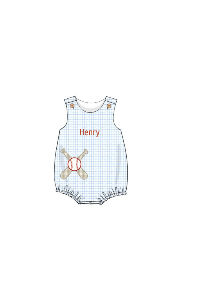 The Smocked Flamingo Pre-Order Baseball Applique Blue Gingham Knit Bubble