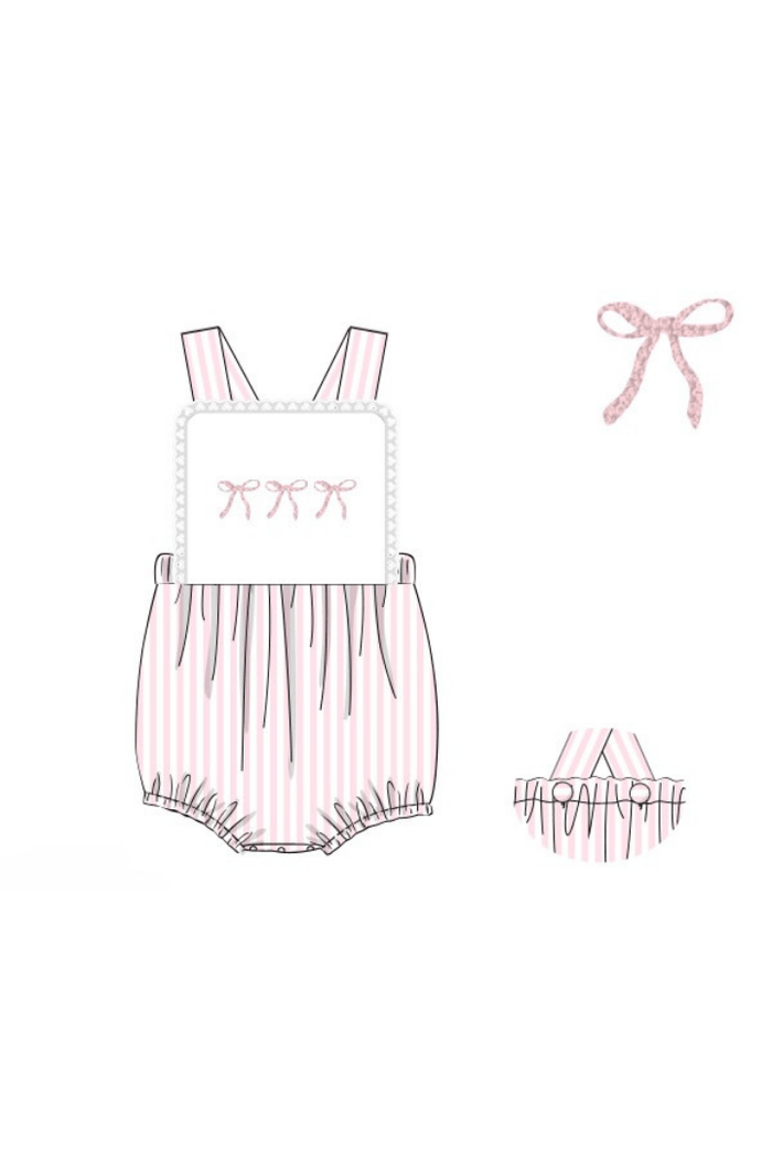 The Smocked Flamingo Apparel & Accessories Pre-Order French Knot Bow Pink Stripe Sunsuit