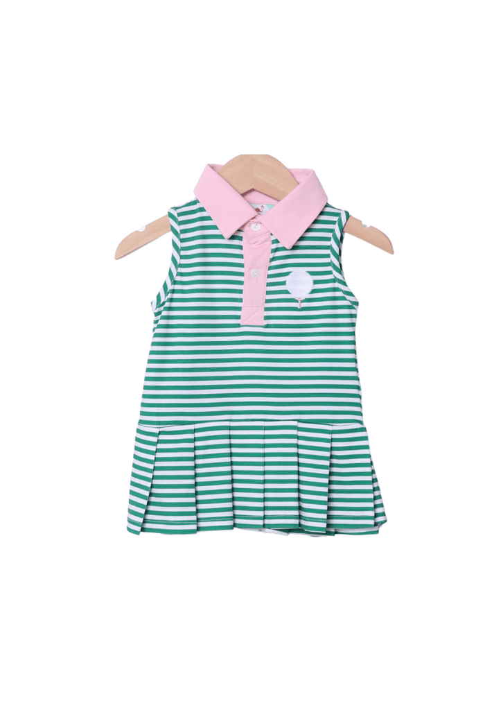 The Smocked Flamingo Green Stripe Knit Golf Dress