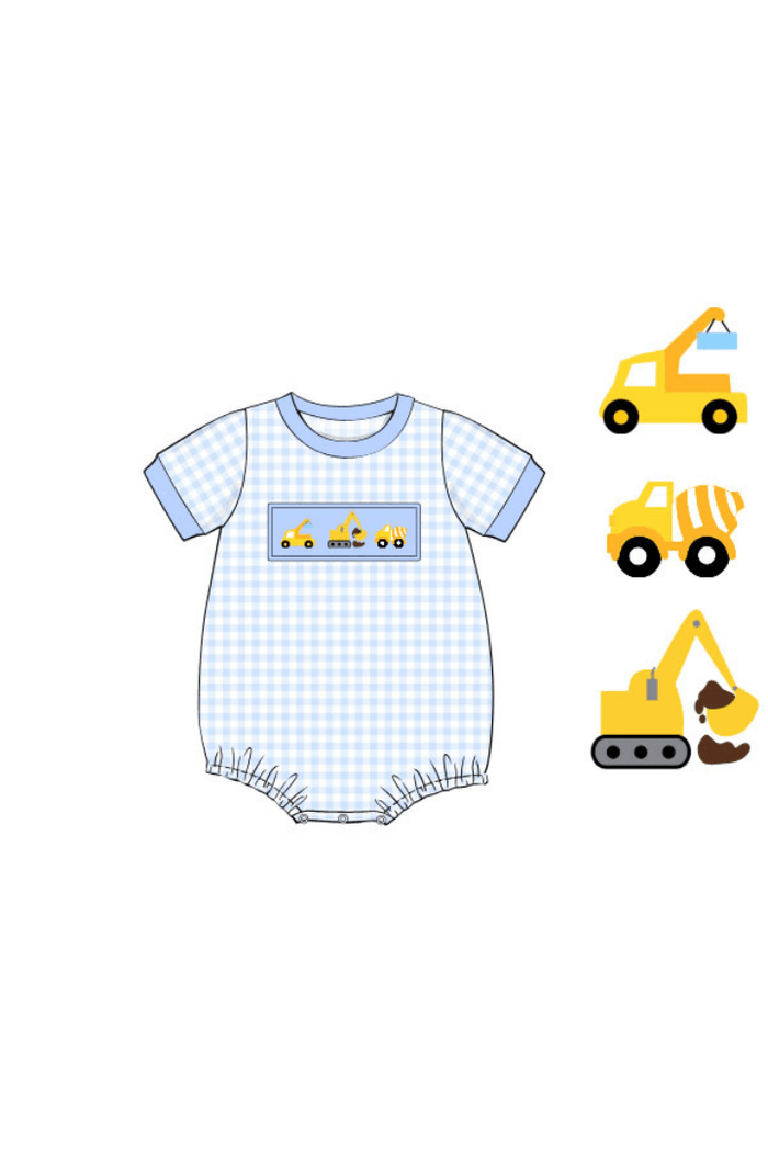 The Smocked Flamingo Pre-Order Smocked Construction Blue Gingham Knit Romper
