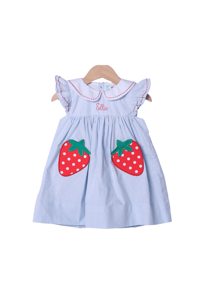 The Smocked Flamingo Apparel & Accessories Strawberry Patch Blue Gingham Dress